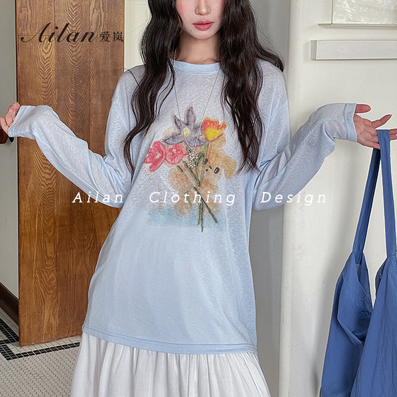 【抱花的兔兔】新款天丝遮阳tee卡通印花长袖T恤,淘宝优惠券,粉丝福利购,淘宝优惠卷