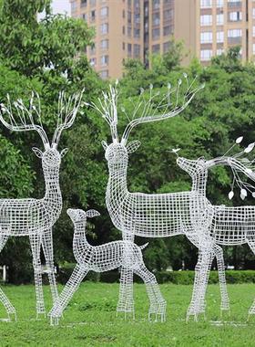 户外不锈钢镂空梅花鹿雕塑售楼部小区公园林草坪动物发光装饰摆件