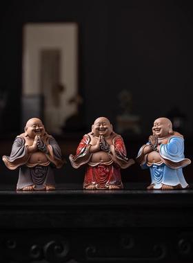 中式禅意紫砂弥勒佛陶瓷摆件家居客厅茶室博古架大肚笑佛装饰佛像