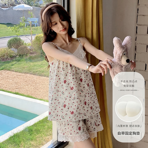 带胸垫防走光睡衣女夏季短袖短裤水墨紫花开衫可外穿家居服套装c - 图2