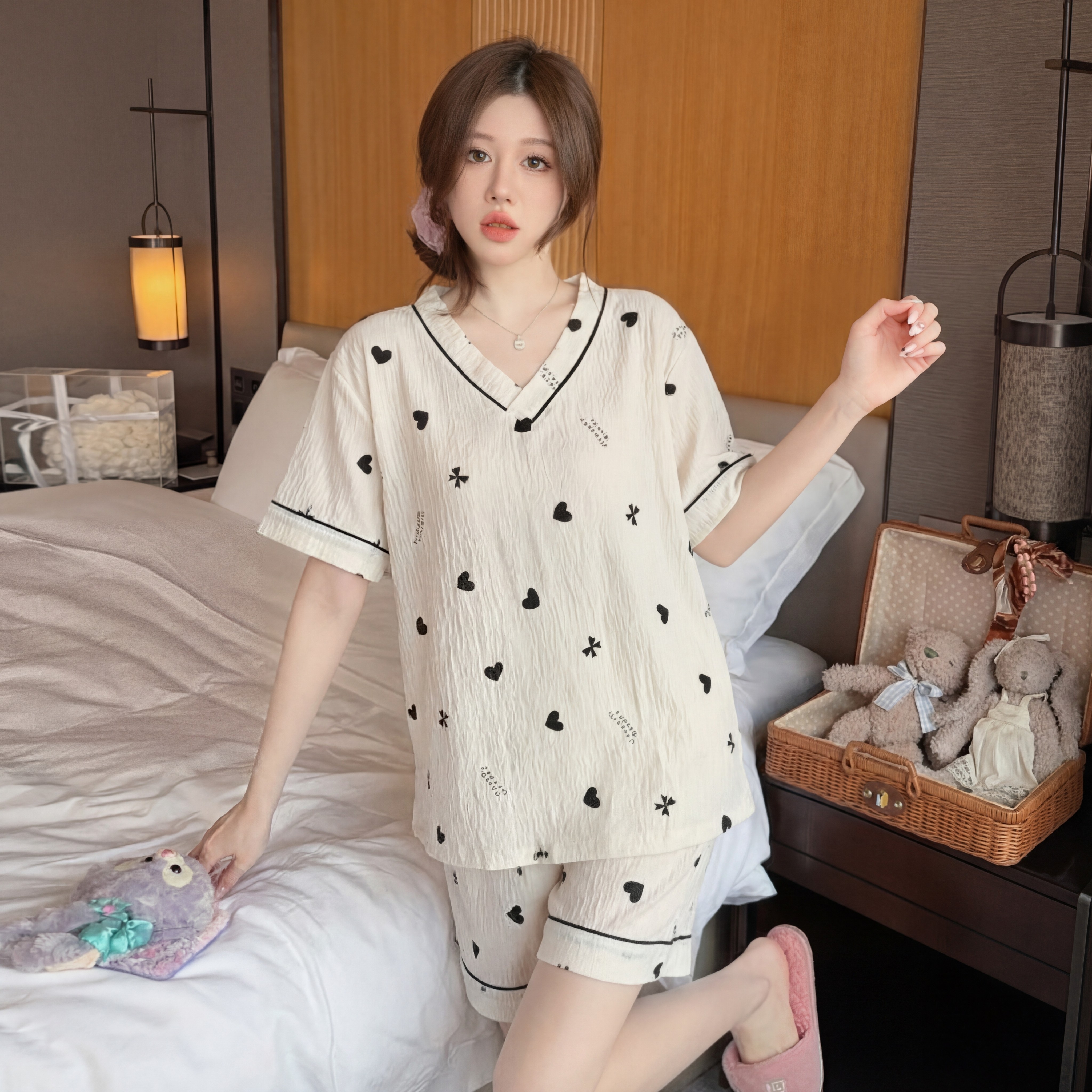 新中式水墨柳蝶吊带睡裙女夏薄款短袖短裤套装可外穿宽松家居服2