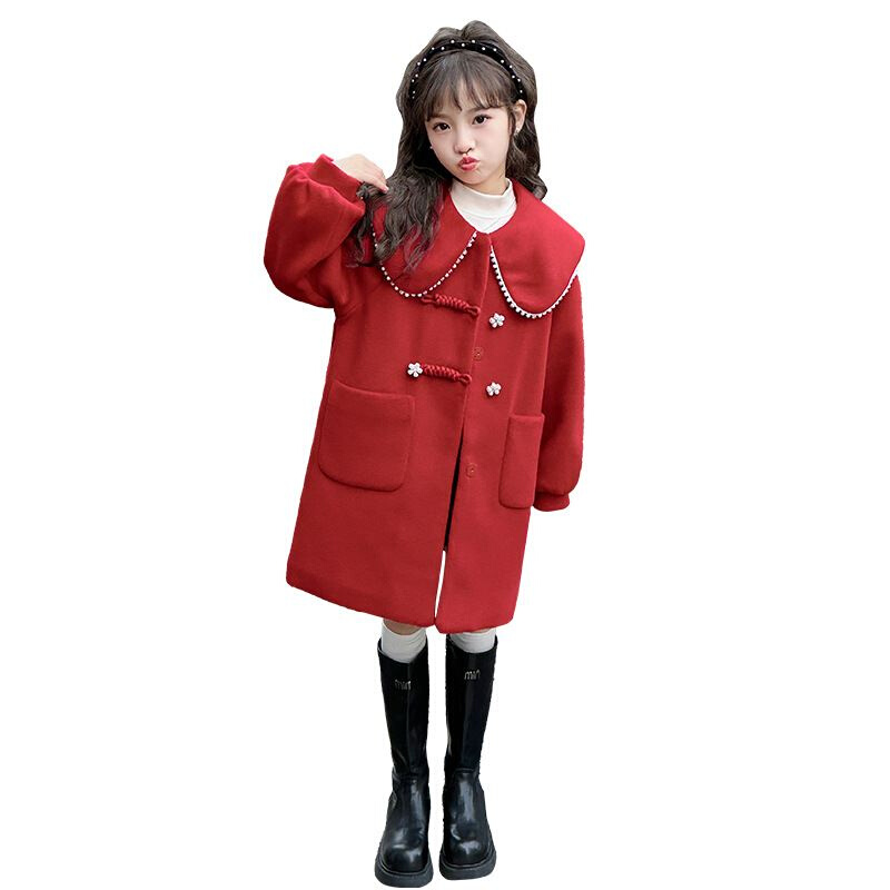 女童毛呢子大衣外套秋冬季2023新款中长款儿童大童夹棉红色拜年服