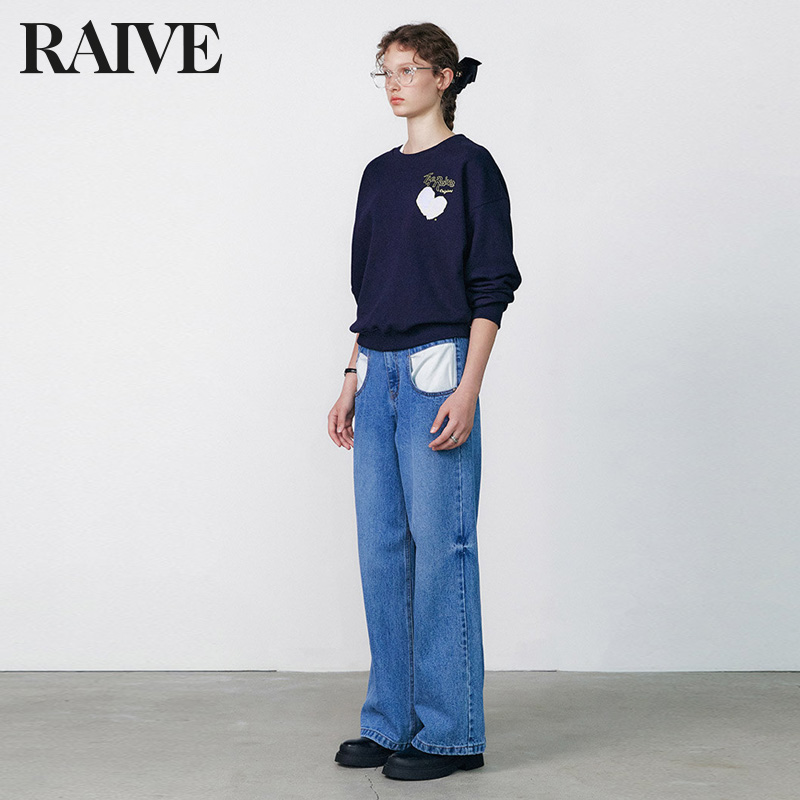 [明星同款]RAIVE2025新款秋复古蓝高腰直筒拼袋通勤休闲牛仔裤 - 图1