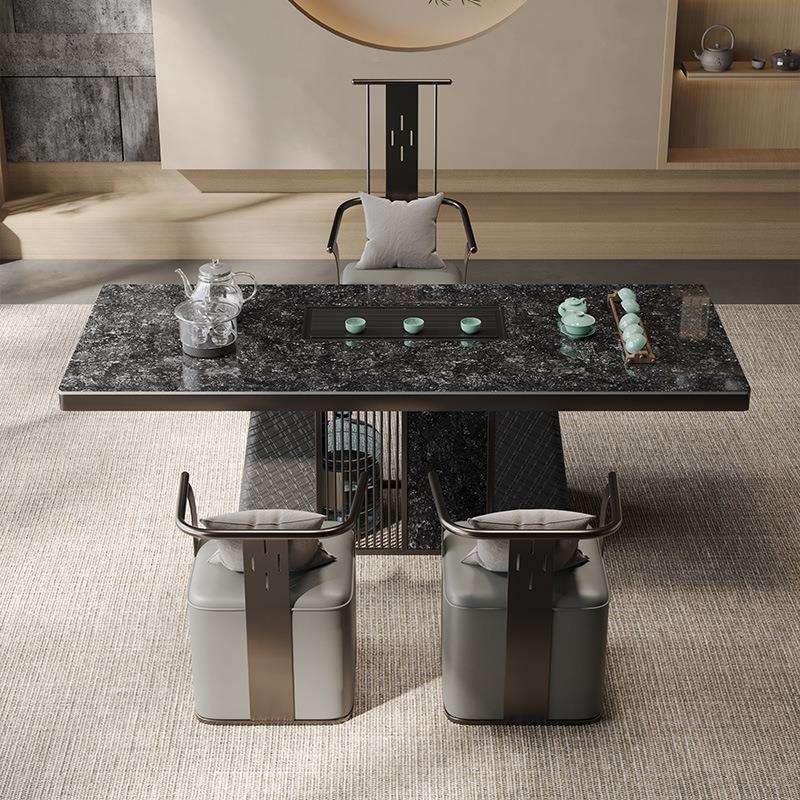 茶桌办公室茶台轻奢现代岩板茶台桌大板功夫泡茶桌阳台茶桌椅组合 - 图0