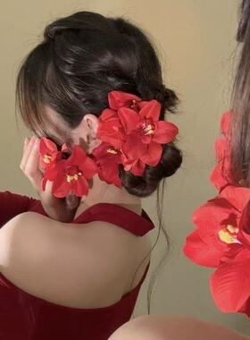 红色仿真花朵发夹美人纯欲鸭嘴夹