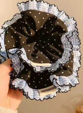 复古蓝色格子花边大肠发圈女法式波点低马尾扎头发大号发饰头绳潮