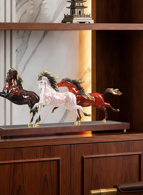 黄铜大漆三骏奔腾马摆件老板办公室书房玄关工艺高档装饰乔迁礼品