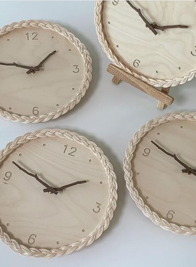 ins日式时尚藤编创意圆形数字静音时钟挂钟民宿简约装饰墙饰壁挂