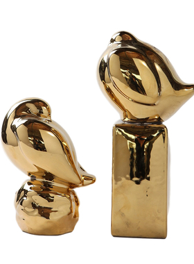 新中式黑色白色金色m陶瓷小鸟动物摆件样板间书房博古架装饰品摆