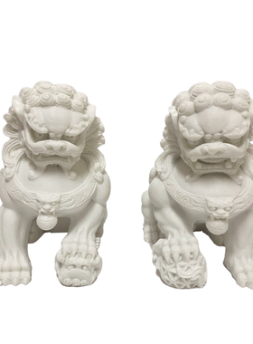 新中式石雕狮子摆k件样板房家装客厅书房风水白色软装饰小工艺品