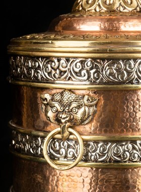 尼泊尔西藏特色工艺p品手工铜壶糌粑盒藏式摆件茶室民宿装饰收藏