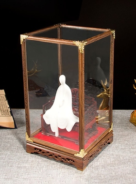 玻璃罩红底鸡翅木宝笼摆件实木木雕佛像透明防尘罩展示盒定制