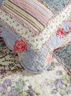 米莱娅紫色拼块床盖三件套绗缝夹棉棉布四件套水洗床盖外贸床品