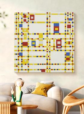波兰极简抽象格子纯手绘油画客厅挂画玄关装饰画蒙德里安世界名画