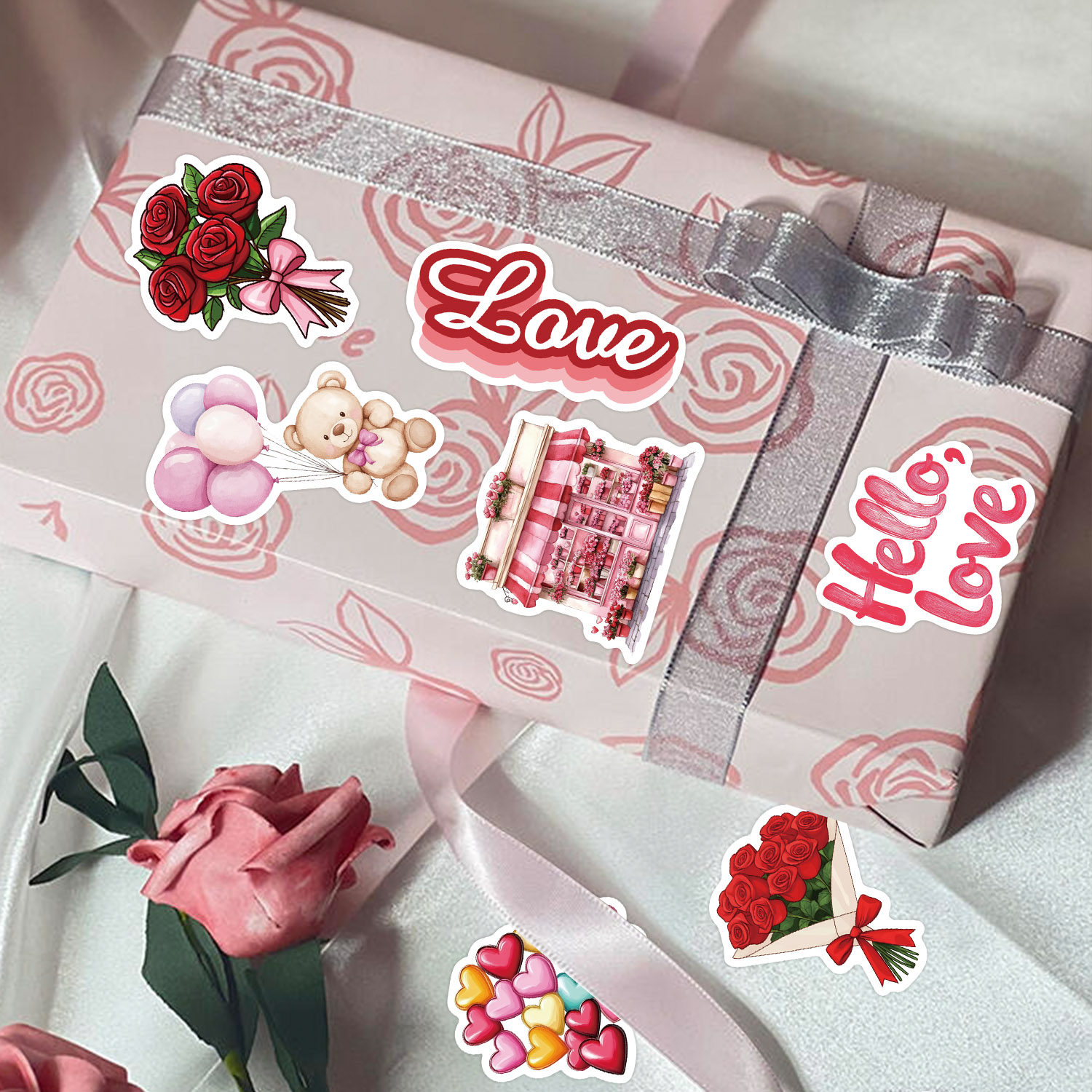 100张粉色情人节装饰贴纸浪漫可爱ins风手机壳笔记本电脑DIY贴画