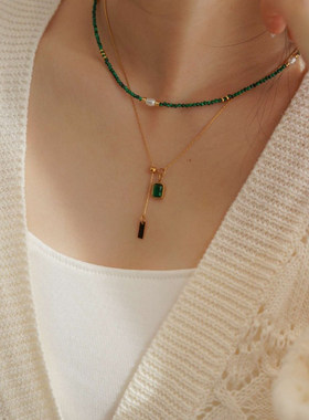 祖母绿孔雀石珍珠极细钻切项链