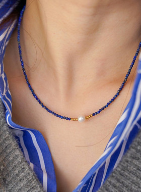 复古高级克莱因蓝极细青金石项链