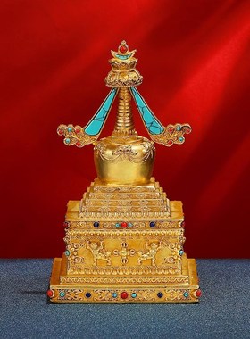 尼泊尔铜b鎏金手工菩提塔宝塔可打开装物件噶当塔镶嵌宝石八塔摆