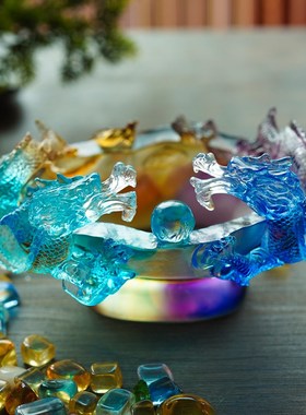 热销琉璃双龙聚宝盆摆件招财聚财水晶工艺品收银台店Y铺开业礼物