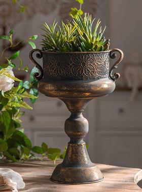 外贸家居饰品仿古做旧铁艺花盆庭院装饰花器双耳干花摆件拍摄道具