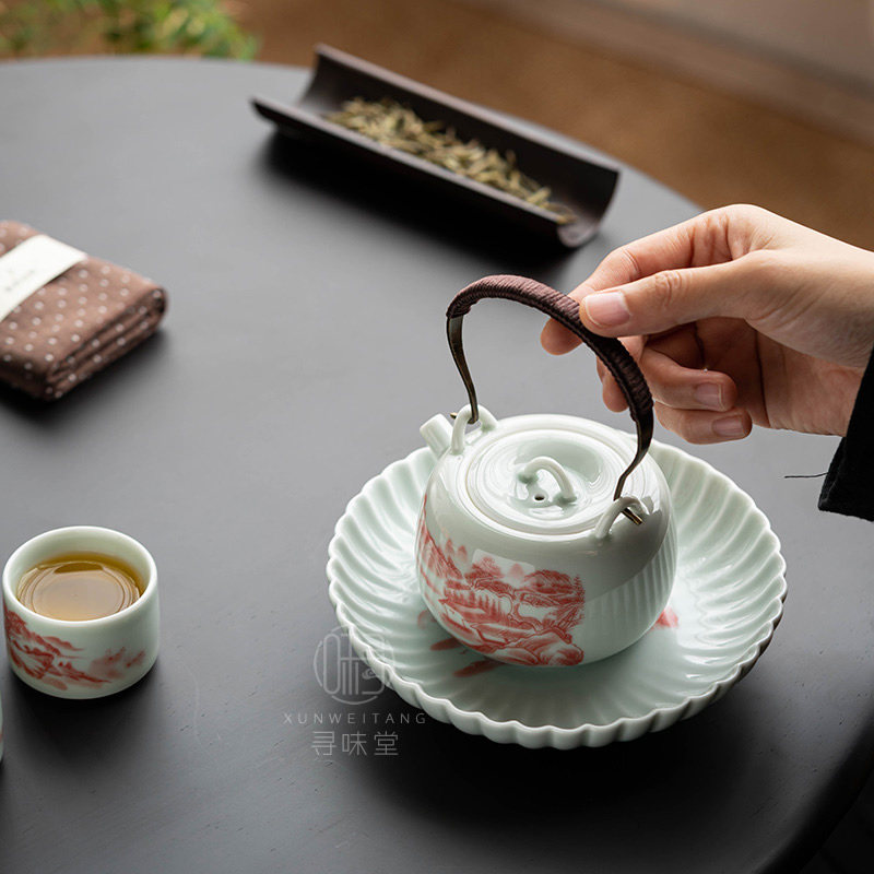 仿古泥矾红小提梁壶n山水釉下彩茶壶复古风中式青瓷陶瓷功夫茶具,淘宝优惠券,粉丝福利购,淘宝优惠卷