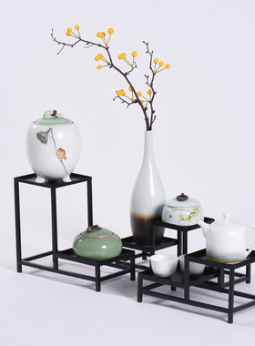 小博古架多宝阁简约现代日式铁艺紫砂壶架子小型桌面置.物架展示