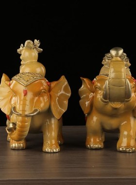 黄铜彩绘a如意黄财富对象铜大象摆件一对家居办公室店铺吉祥摆设
