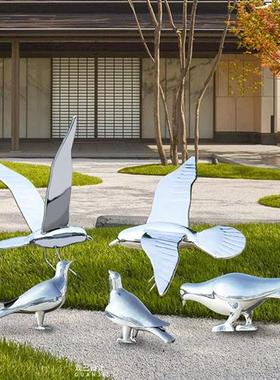 不锈钢镜面鸽子雕塑抽象动物海鸥小鸟摆件户外园林轻奢美陈装饰品
