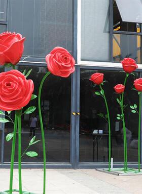 玻璃钢巨型仿真玫瑰花雕塑网红打卡墙面装饰商场不锈钢花朵摆件品