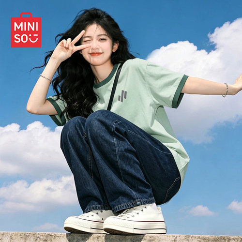 名创优品灰色短袖t恤女2026新款夏季撞色体恤衫女士显瘦宽松上衣D - 图2