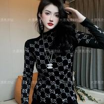(White Flowers Full Drill) Fashion 100 hitchhiking Heavy workout black T-shirt temperament woman dress with slim and long sleeve autumn and winter