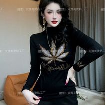 (Maple Leaf) Fashion 100 lap bright drill Heavy black T-shirt temperamental woman dress with slim and long sleeve autumn and winter