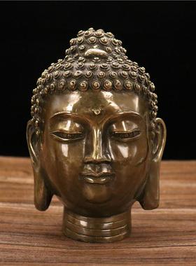 纯铜佛头佛光普照印人物桌面摆件 仿古佛释迦摩尼佛头客厅家居装