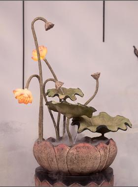 创意新中式客厅荷花循环流水喷泉装饰摆件水景风水轮加湿器莲花灯