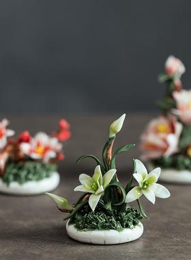 创意陶瓷手工艺品梅花牡丹中式家居客厅书房迷你装饰简约桌面摆件