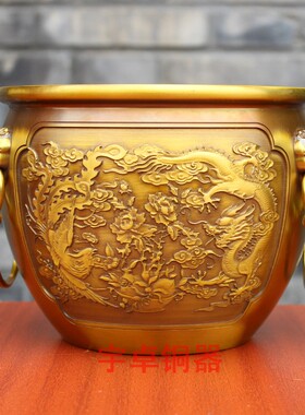 宇卓铜器纯铜缸黄铜故宫缸双狮耳龙凤缸九龙P水缸工艺品桌面摆件