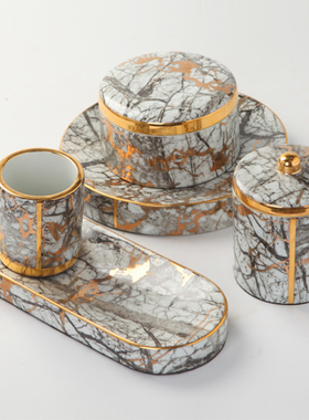 现代家居书房桌面饰品灰金陶瓷罐C笔筒托盘摆件样板房青花水纹果