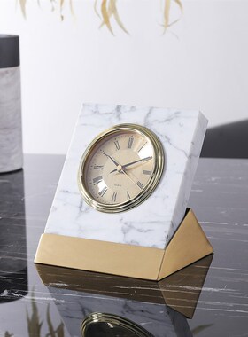 现代样板间桌面摆件m大理石轻奢时钟摆件白色大理石闹钟床头柜饰