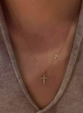 爆闪细款双十字架项链复古精致女