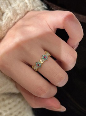 新中式青花瓷蓝色滴釉花朵戒指女