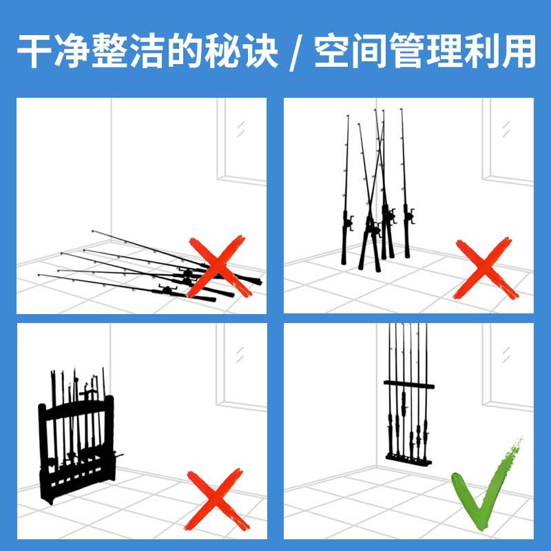 路亚竿架垂直鱼竿展示架壁挂式多功能摆放架收纳架抄网手竿收藏架 - 图3