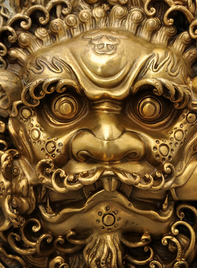 黄铜八角狮头摆件铜兽头八卦狮咬剑挂G件铜狮子睚眦风水墙饰门饰