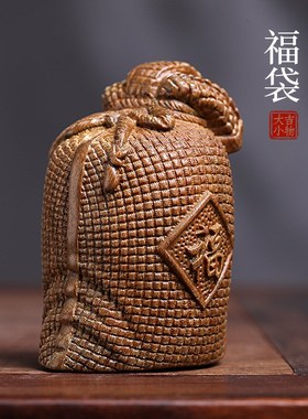 天然绿檀实木雕刻招财纳福福袋米袋钱袋文玩N手把件桌面摆件工艺