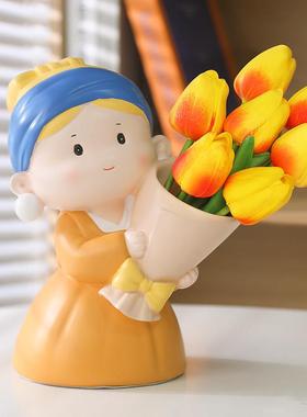 珍珠女孩捧花摆件玄关电视柜装饰品实用结婚送闺蜜女生教师节礼物