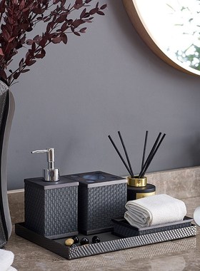 轻奢样板房皮质相框简r约编织纹皮革卫浴四件套软装搭配套装