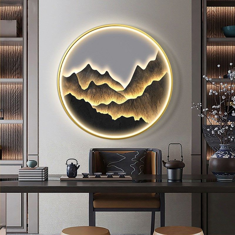 现代轻奢玄关装饰画茶室客厅岩板灯画入户走N廊过道挂画圆形进门,淘宝优惠券,粉丝福利购,淘宝优惠卷