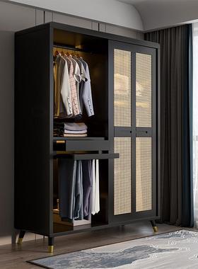 藤编衣柜实木日式简易收纳柜两门衣橱复古民宿家用卧室推拉门衣柜