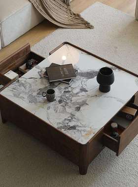 意式轻奢北美黑胡桃木岩板茶几客厅正方形茶台家用简约实木茶桌