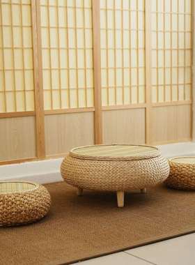 圆形手工草编榻榻米藤编桌子日式茶桌飘窗阳台民宿炕桌小茶几