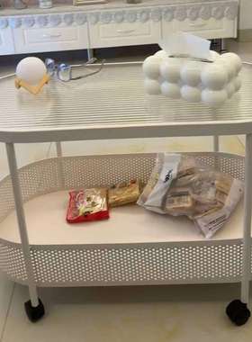 奶油风移动茶几小户型客厅家用沙发椭圆形边几卧室床头玻璃小推车